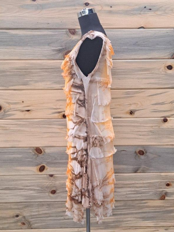 Washed Tie Dye Print Sleeveless Silk Ruffle Orange Dress by GiGi Moda