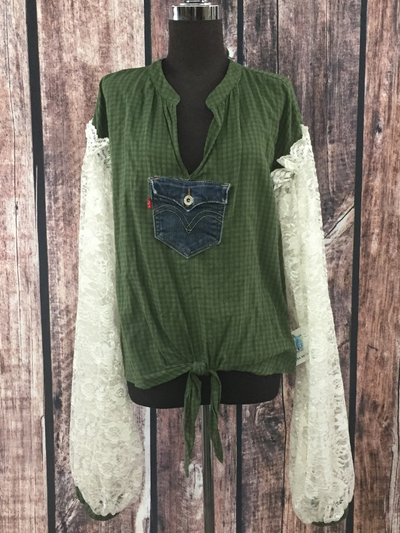 Green With Lace Sleeves Top by CornFed Cowgirl