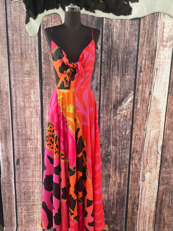 Strappy Tie Front Chain Pattern Maxi Dress by OO La La