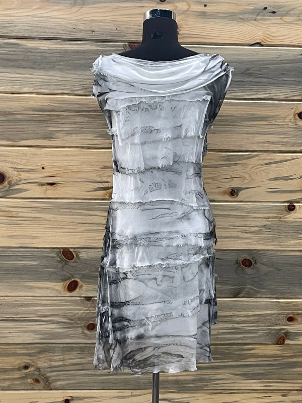 Washed Tie Dye Print Sleeveless Silk Ruffle Charcoal Dress by GiGi Moda