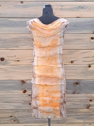 Washed Tie Dye Print Sleeveless Silk Ruffle Orange Dress by GiGi Moda