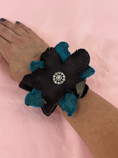 Brown and Blue Embossed Leather Flower Bracelet A Rare Bird