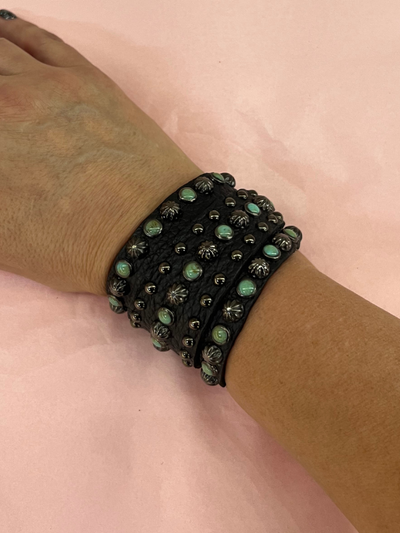 Black Leather with Turquoise & Studs Wrap Bracelet