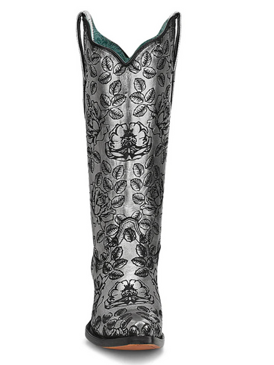 Corral Z5082 Silver Western Dress Boots Black Rose Pattern Riding Heel Pointed Toe Leather Sole