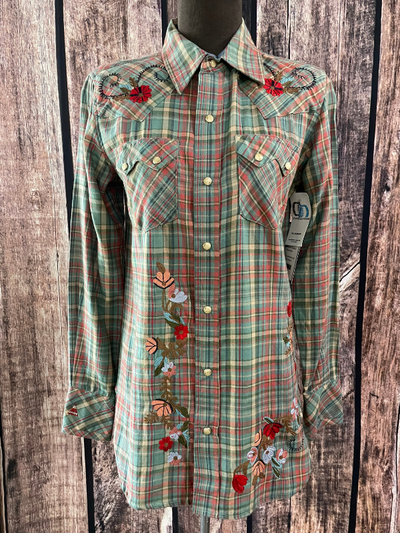 Tasha Polizzi Green and Red Plaid with Pearl Snaps Top