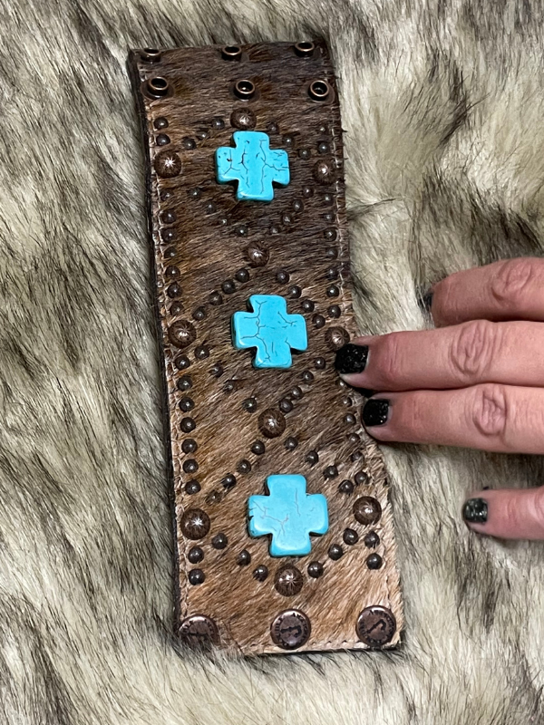 Double J Saddlery Brown Cowhide with Turquoise Bracelet