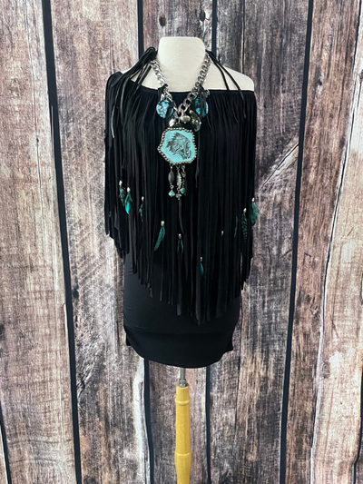 Pat Dahnke Black with Fringe, Feathers and Beads Dress