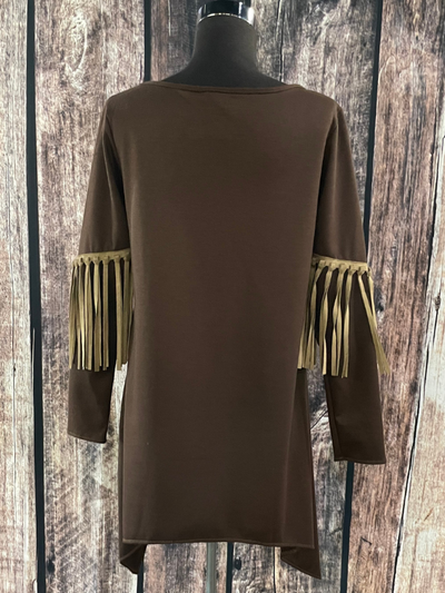 Brown Top with Fringed Sleeve Top