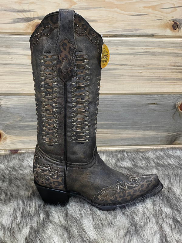 Corral Black Leopard Print Overlay Studded Boots C3881