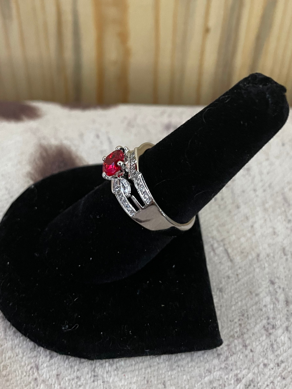 Red Stone with Three Strand Side Stones Ring