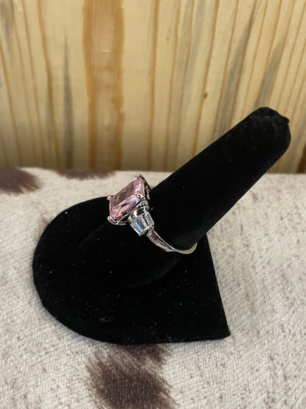 Large Pink Rectangular with Two Clear Side Stones Ring